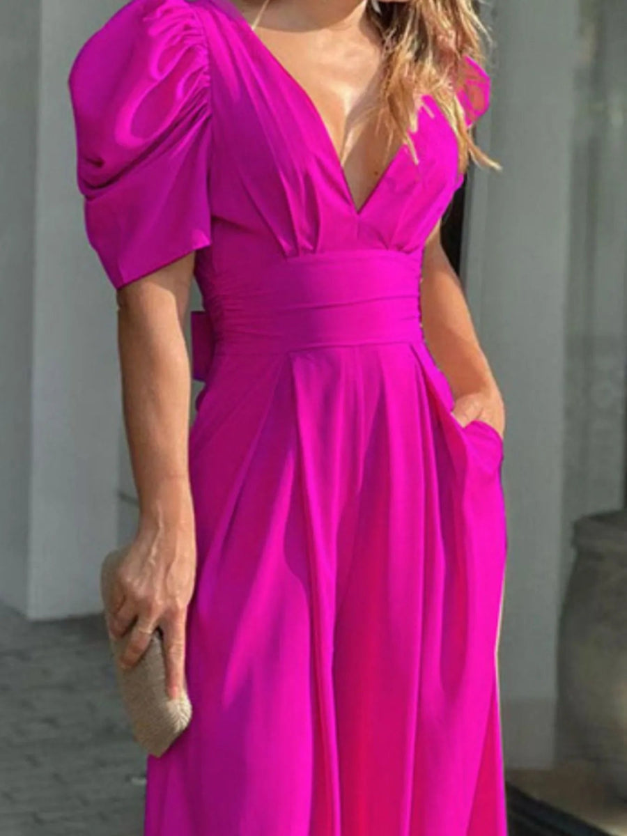 Full Size Cutout V - Neck Puff Sleeve Jumpsuit Plus Size - Easy Pickins Store