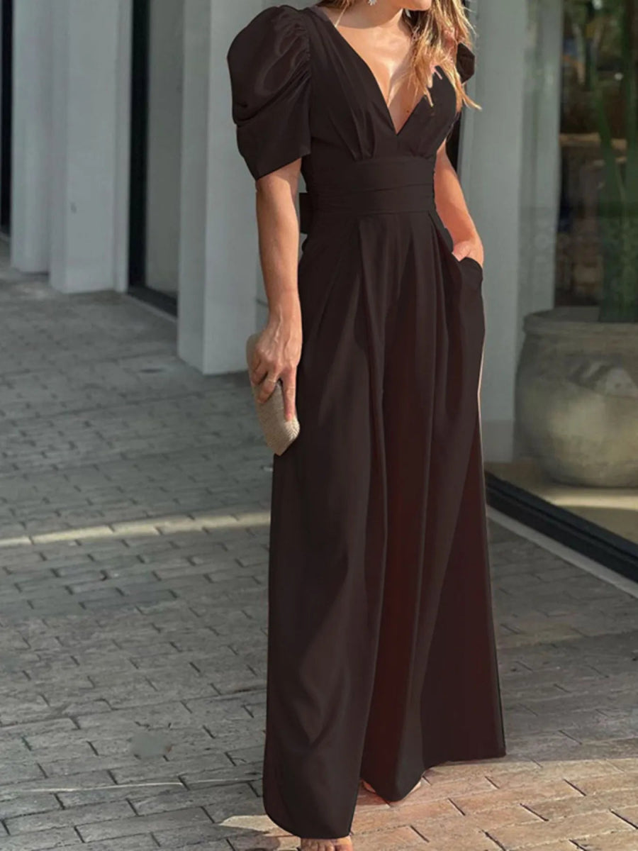 Full Size Cutout V - Neck Puff Sleeve Jumpsuit Plus Size - Easy Pickins Store