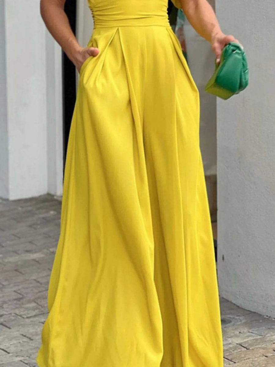 Full Size Cutout V - Neck Puff Sleeve Jumpsuit Plus Size - Easy Pickins Store