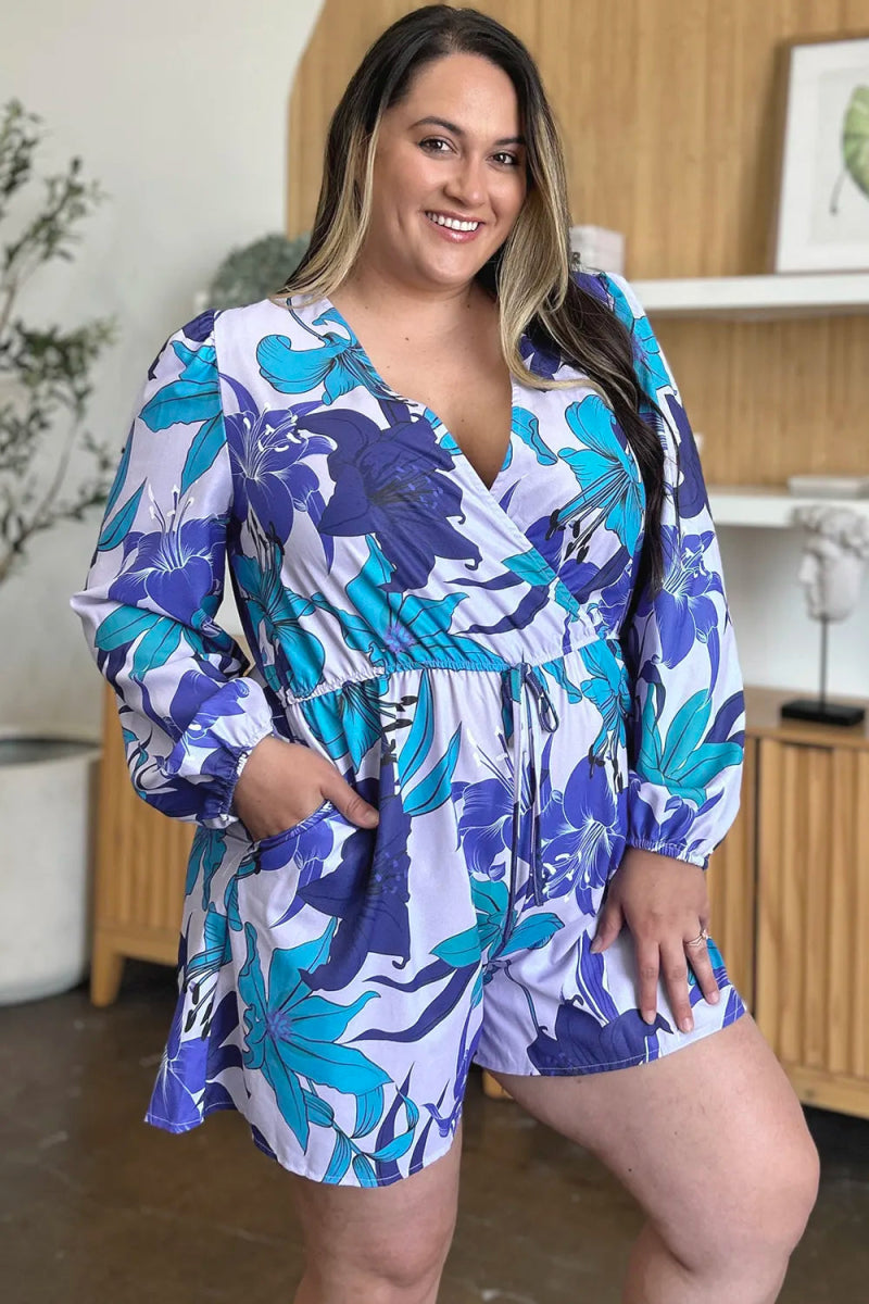 Full Size Floral Long Sleeve Romper with Pockets - Easy Pickins Store