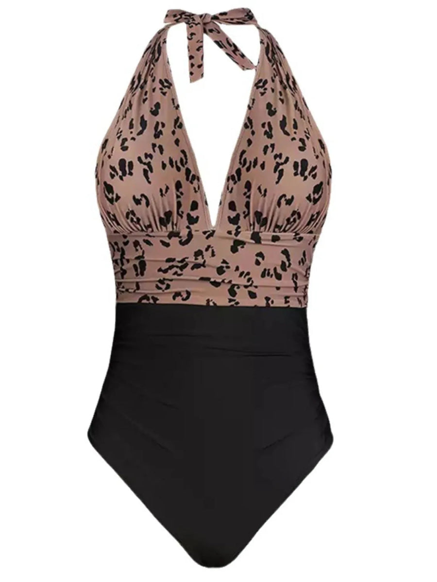 Full Size Leopard Halter Neck One - Piece Swimwear Plus Size - Easy Pickins Store