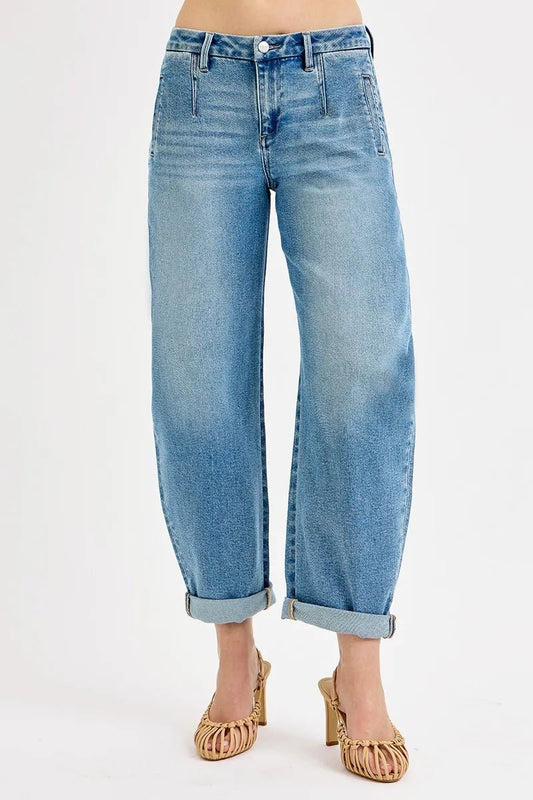 Full Size Mid Rise Fit Barrel Roll Up Jeans - Easy Pickins Store
