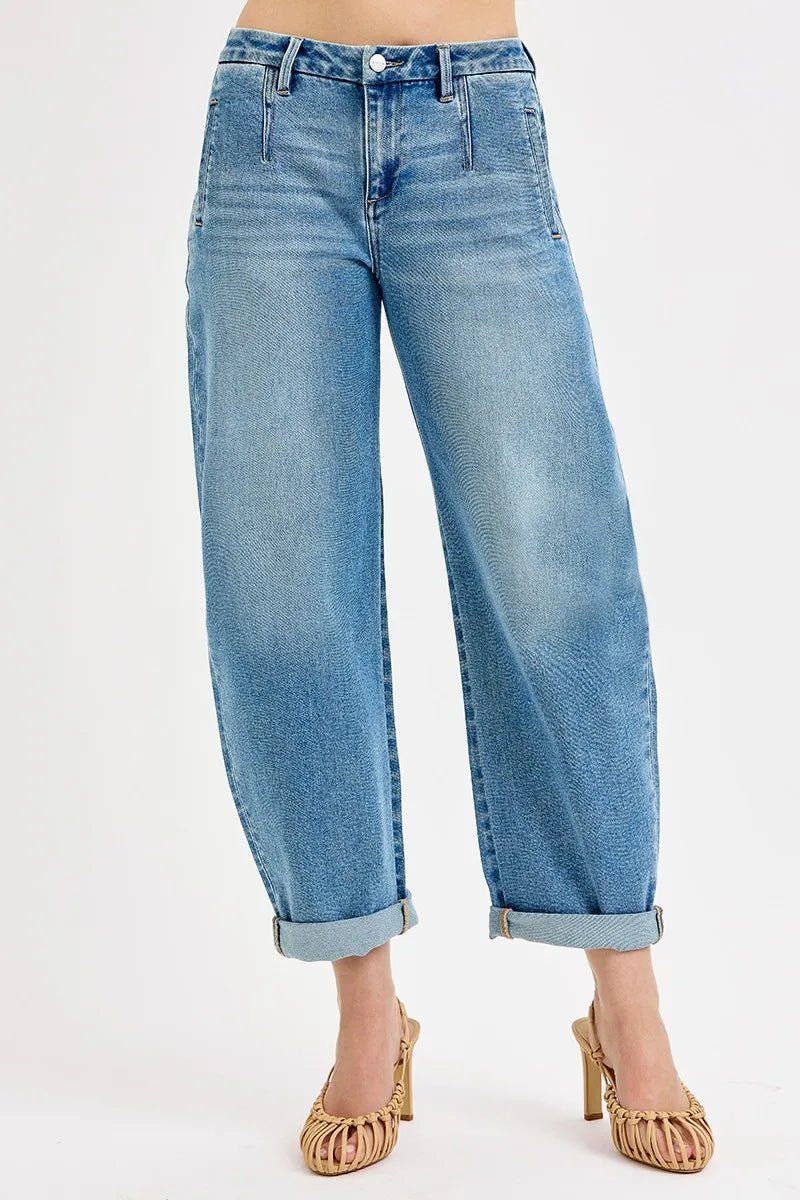 Full Size Mid Rise Fit Barrel Roll Up Jeans - Easy Pickins Store