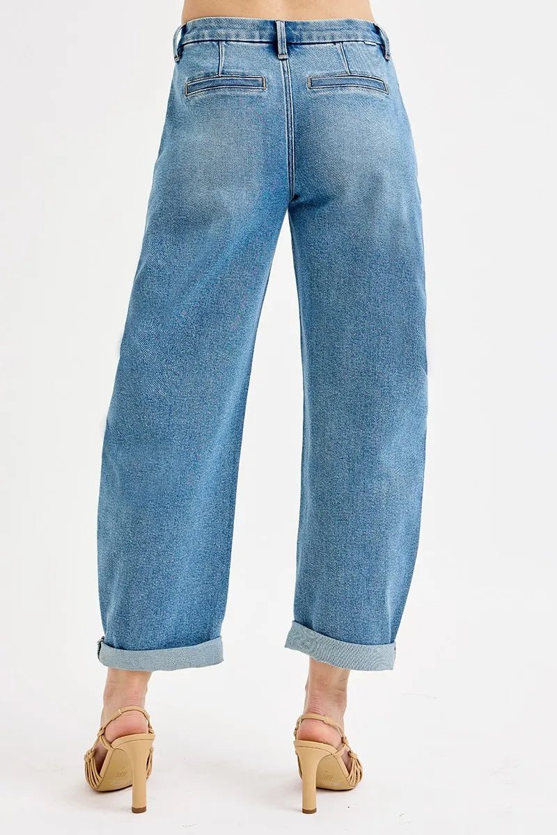 Full Size Mid Rise Fit Barrel Roll Up Jeans - Easy Pickins Store