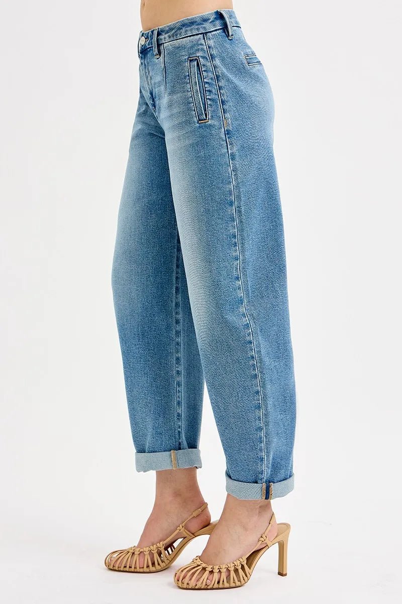 Full Size Mid Rise Fit Barrel Roll Up Jeans - Easy Pickins Store