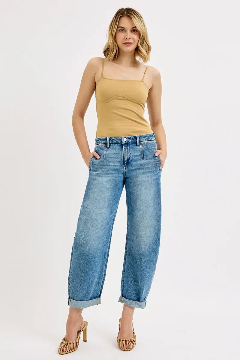 Full Size Mid Rise Fit Barrel Roll Up Jeans - Easy Pickins Store