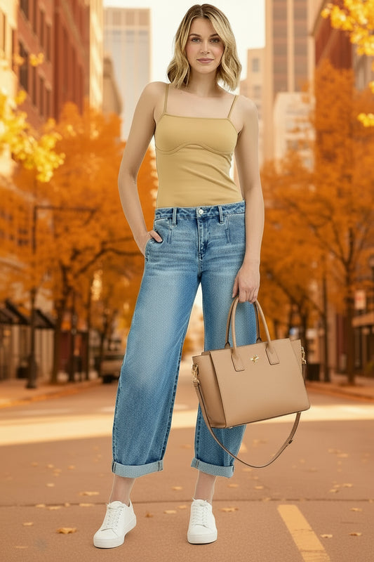 Full Size Mid Rise Fit Barrel Roll Up Jeans - Easy Pickins Store