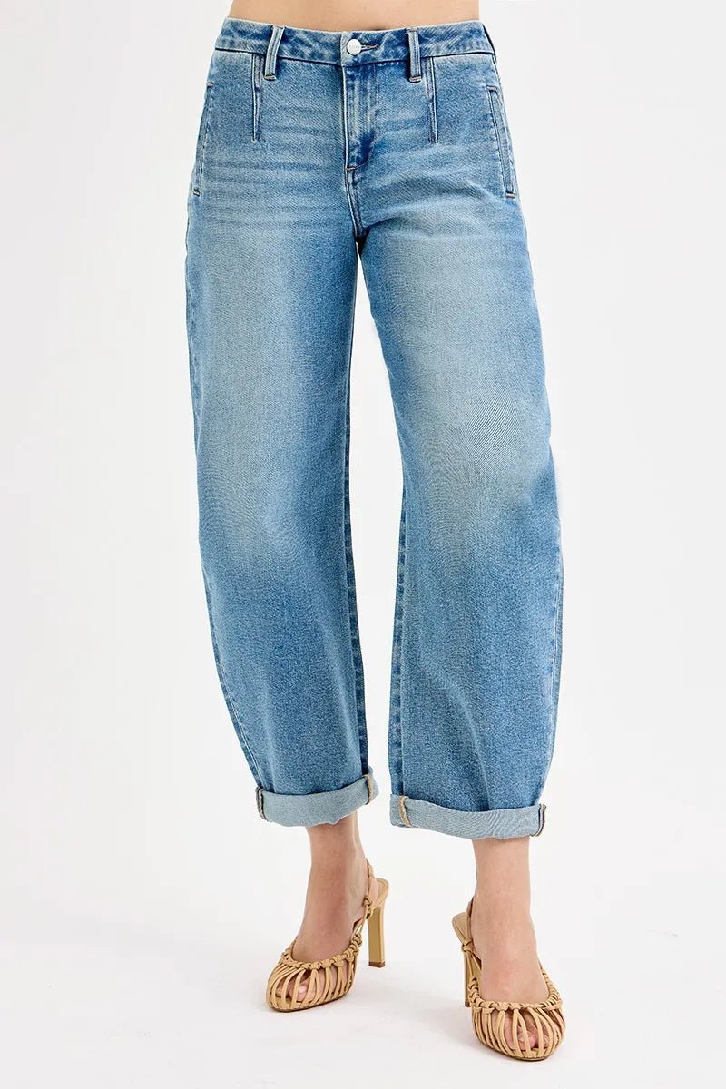 Full Size Mid Rise Fit Barrel Roll Up Jeans - Easy Pickins Store