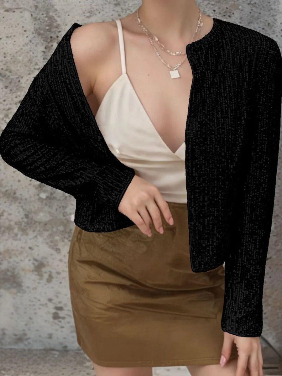 Full Size Sequin Open Front Cropped Jacket - Easy Pickins Store