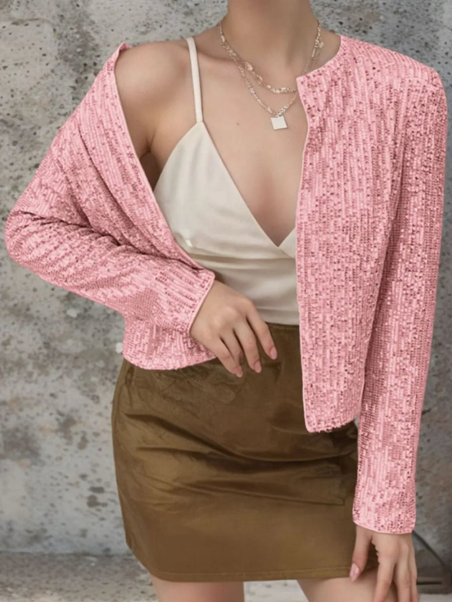 Full Size Sequin Open Front Cropped Jacket - Easy Pickins Store