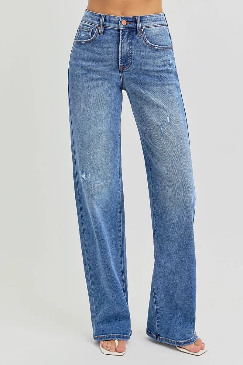 Full Size Tummy Control Elastic Band High Rise Wide Jeans - Easy Pickins Store