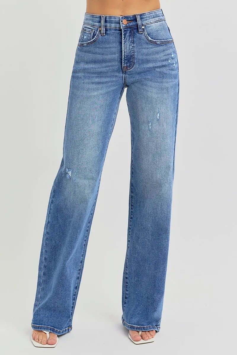 Full Size Tummy Control Elastic Band High Rise Wide Jeans - Easy Pickins Store