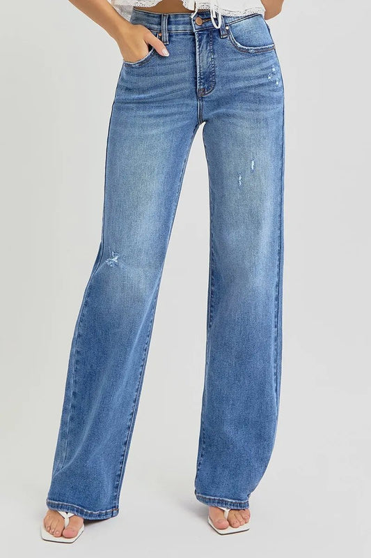 Full Size Tummy Control Elastic Band High Rise Wide Jeans - Easy Pickins Store