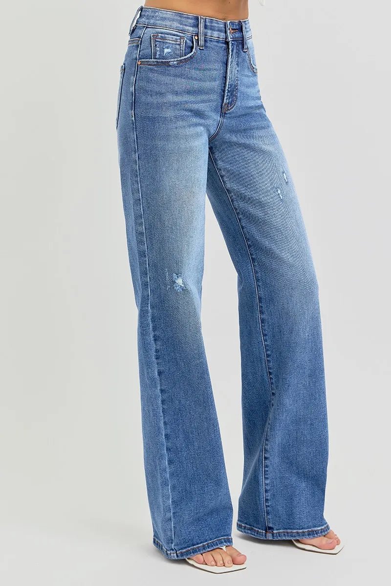 Full Size Tummy Control Elastic Band High Rise Wide Jeans - Easy Pickins Store