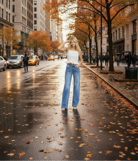 Full Size Tummy Control Elastic Band High Rise Wide Jeans - Easy Pickins Store