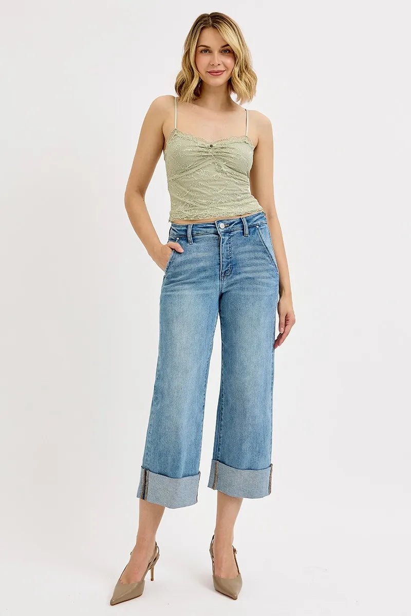 Full Size Tummy Control High Rise Ankle Wide Cuffed Jeans - Easy Pickins Store