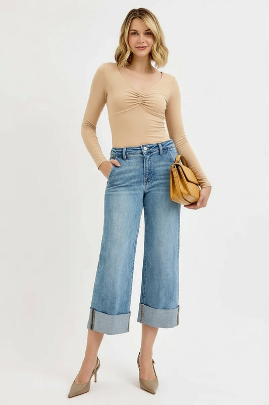 Full Size Tummy Control High Rise Ankle Wide Cuffed Jeans - Easy Pickins Store