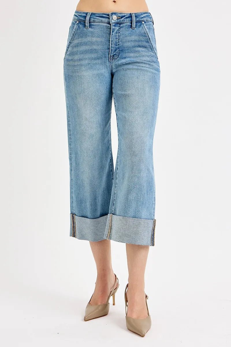 Full Size Tummy Control High Rise Ankle Wide Cuffed Jeans - Easy Pickins Store