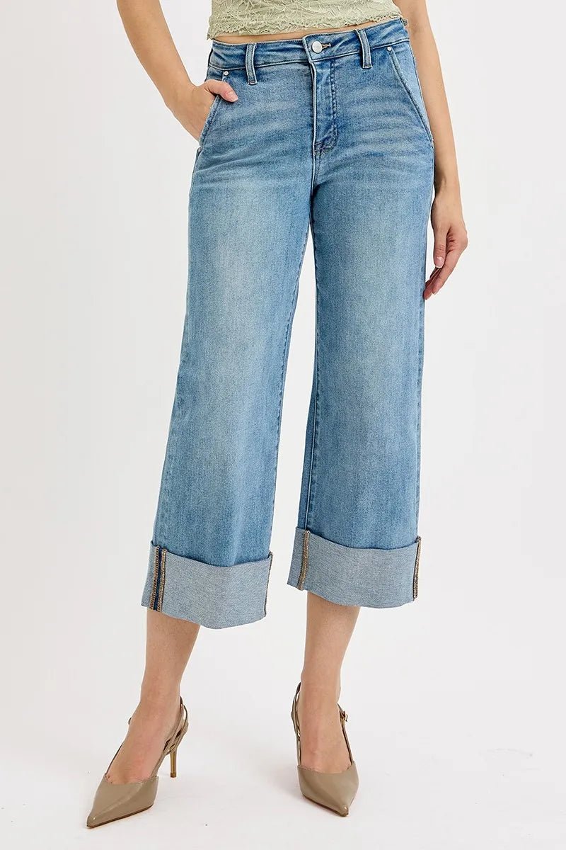 Full Size Tummy Control High Rise Ankle Wide Cuffed Jeans - Easy Pickins Store