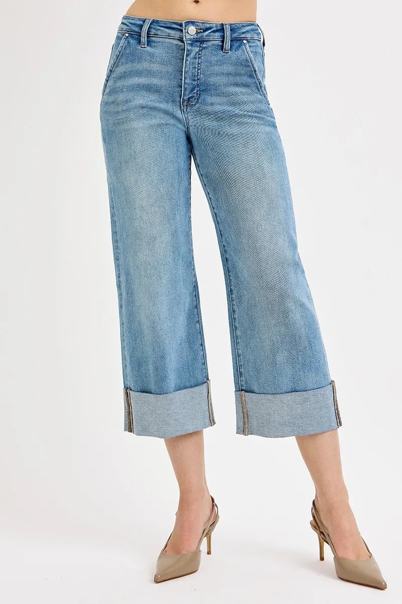 Full Size Tummy Control High Rise Ankle Wide Cuffed Jeans - Easy Pickins Store