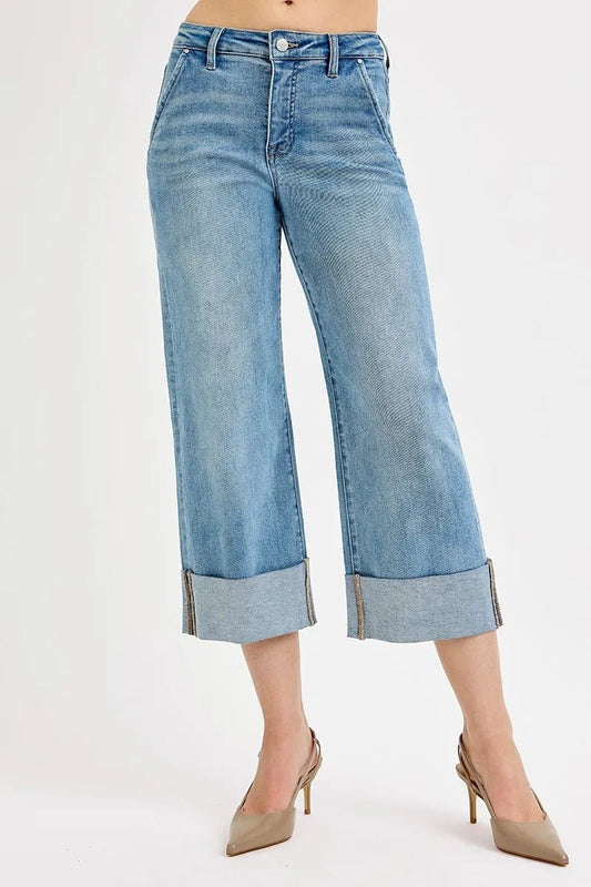 Full Size Tummy Control High Rise Ankle Wide Cuffed Jeans - Easy Pickins Store