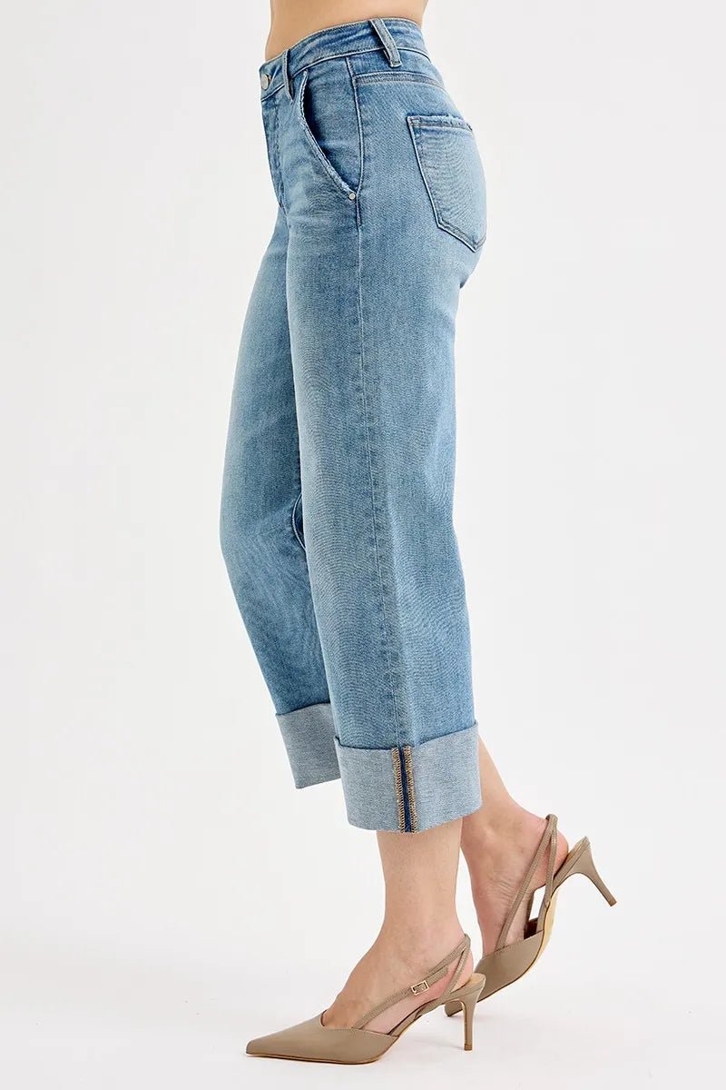 Full Size Tummy Control High Rise Ankle Wide Cuffed Jeans - Easy Pickins Store