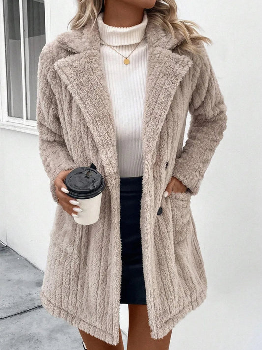 Fuzzy Button Up Long Sleeve Coat with Pockets - Easy Pickins Store