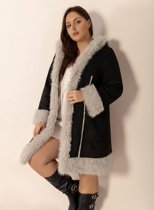 Fuzzy Trim Open Front Long Sleeve Hooded Coat - Easy Pickins Store