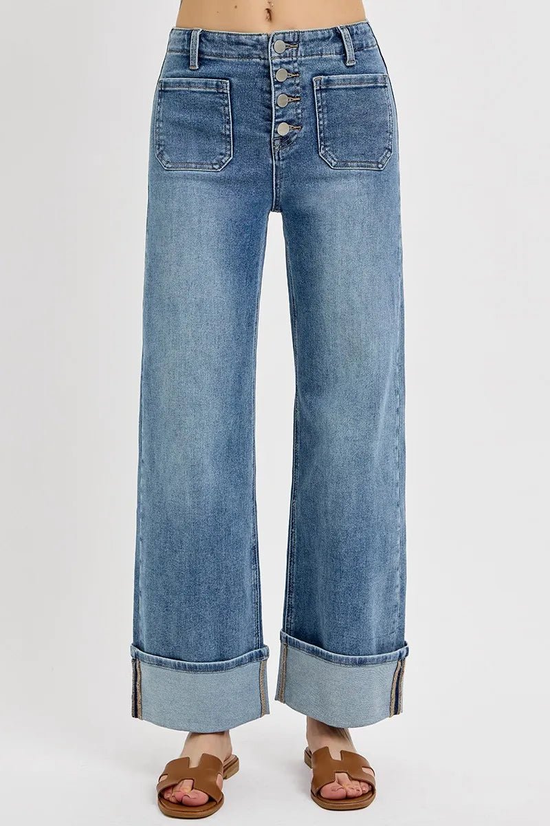 High Rise Ankle Wide Button Patch Pocket Cuffed Jeans - Easy Pickins Store