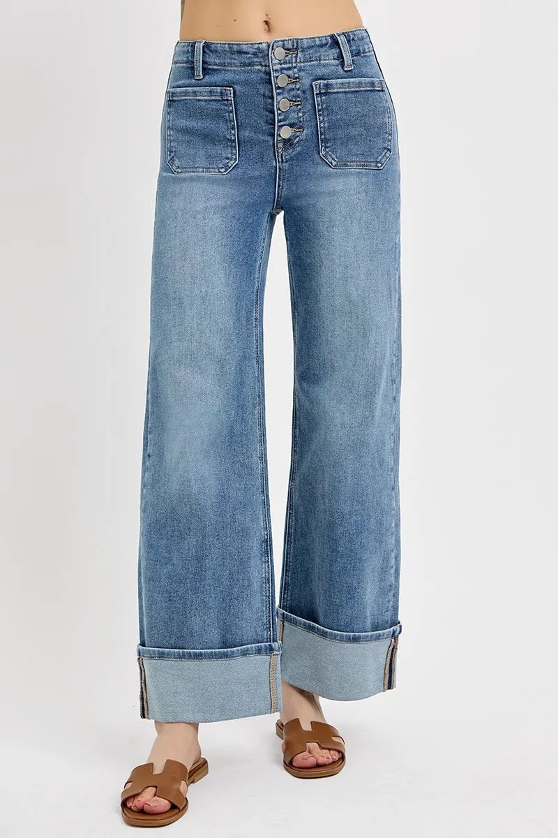 High Rise Ankle Wide Button Patch Pocket Cuffed Jeans - Easy Pickins Store