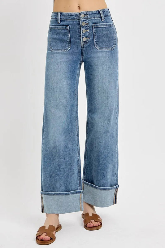 High Rise Ankle Wide Button Patch Pocket Cuffed Jeans - Easy Pickins Store
