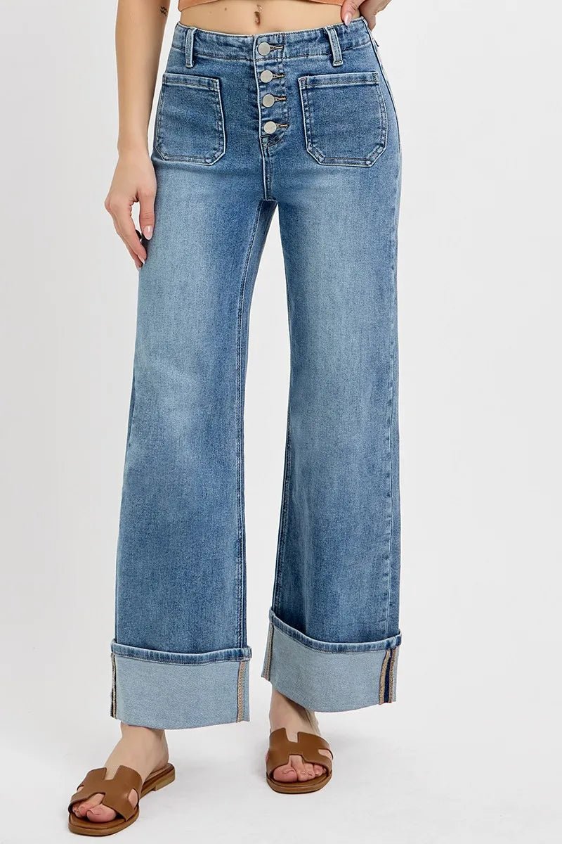 High Rise Ankle Wide Button Patch Pocket Cuffed Jeans - Easy Pickins Store