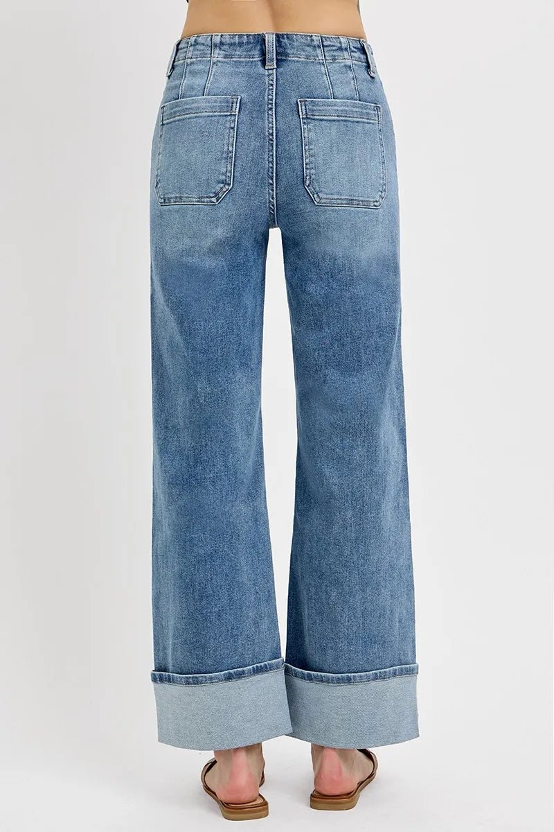 High Rise Ankle Wide Button Patch Pocket Cuffed Jeans - Easy Pickins Store