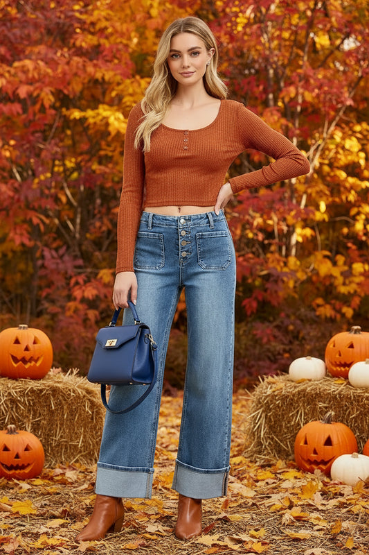 High Rise Ankle Wide Button Patch Pocket Cuffed Jeans - Easy Pickins Store