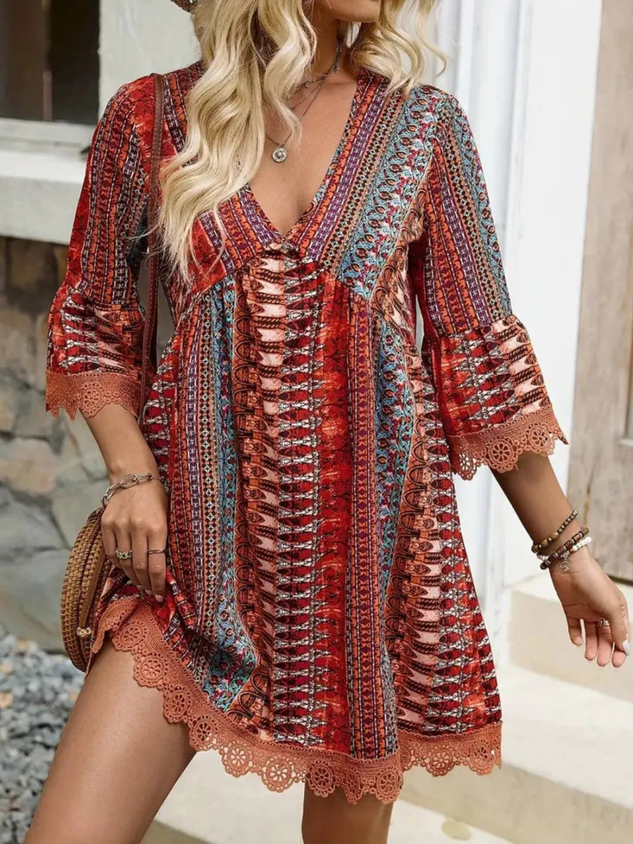 Lace Trim Printed V - Neck 3/4 Sleeve Dress - Easy Pickins Store