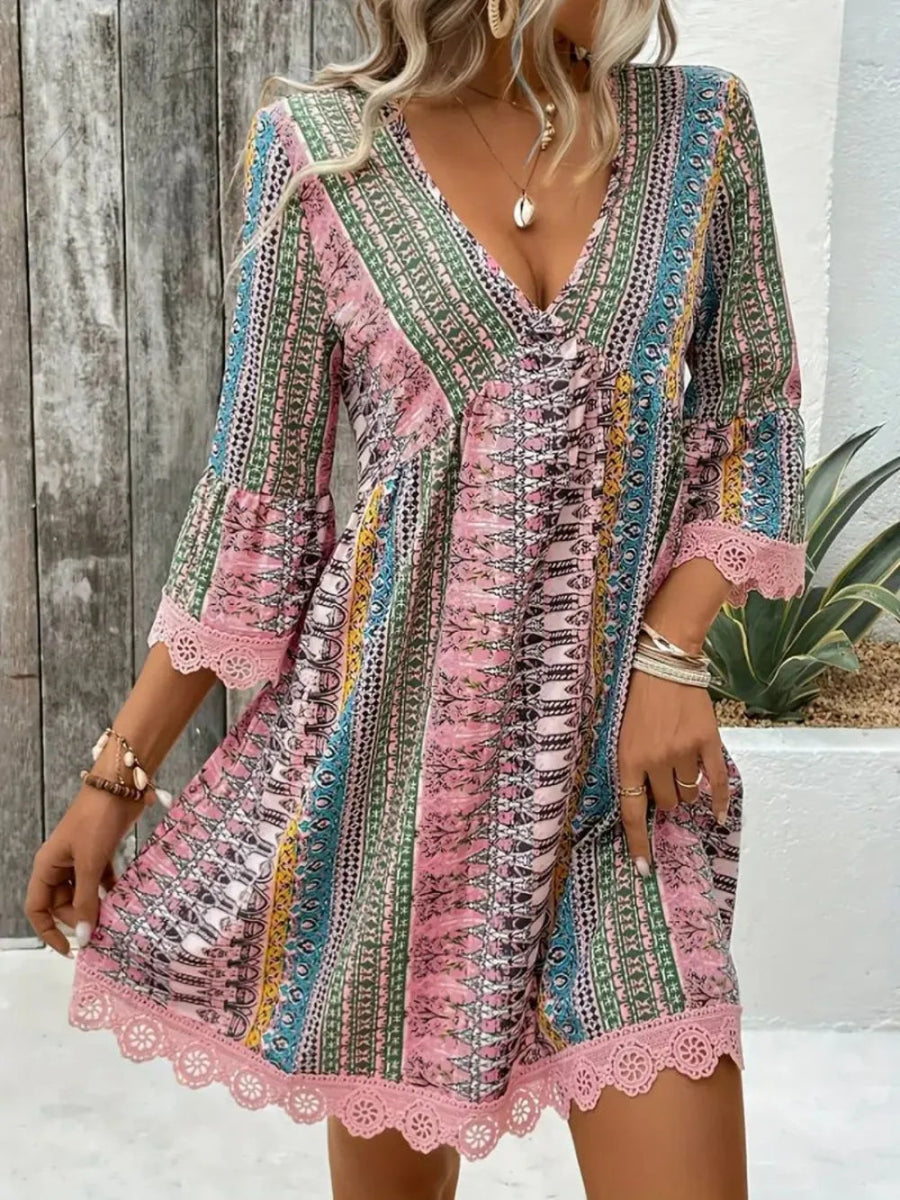 Lace Trim Printed V - Neck 3/4 Sleeve Dress - Easy Pickins Store
