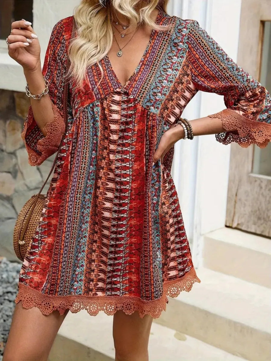 Lace Trim Printed V - Neck 3/4 Sleeve Dress - Easy Pickins Store