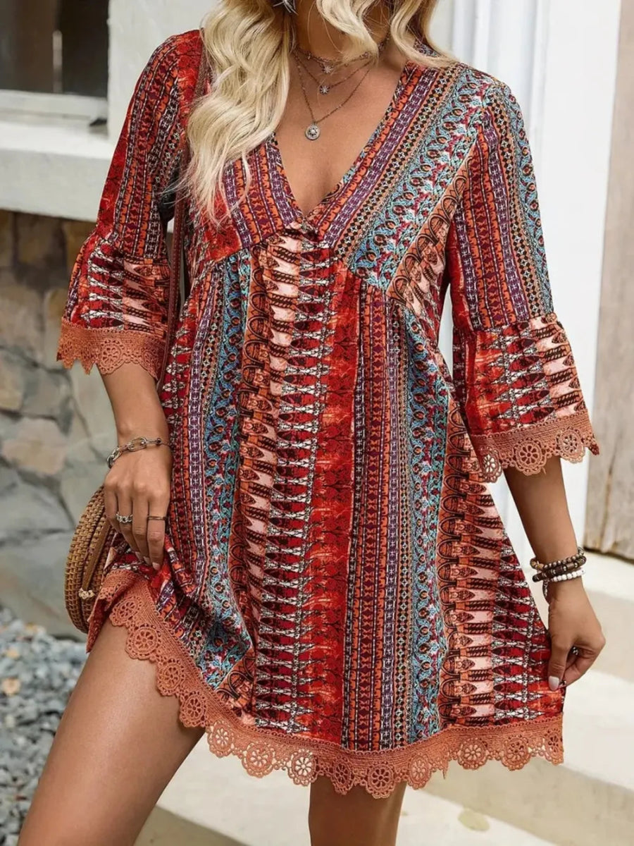 Lace Trim Printed V - Neck 3/4 Sleeve Dress - Easy Pickins Store