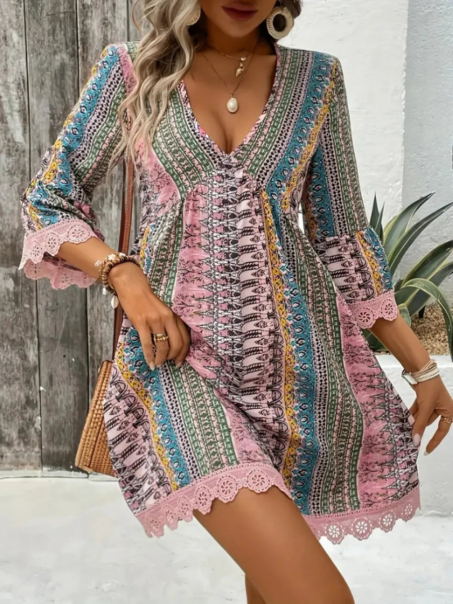 Lace Trim Printed V - Neck 3/4 Sleeve Dress - Easy Pickins Store
