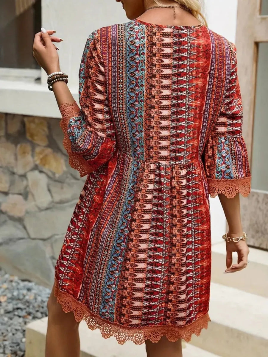 Lace Trim Printed V - Neck 3/4 Sleeve Dress - Easy Pickins Store