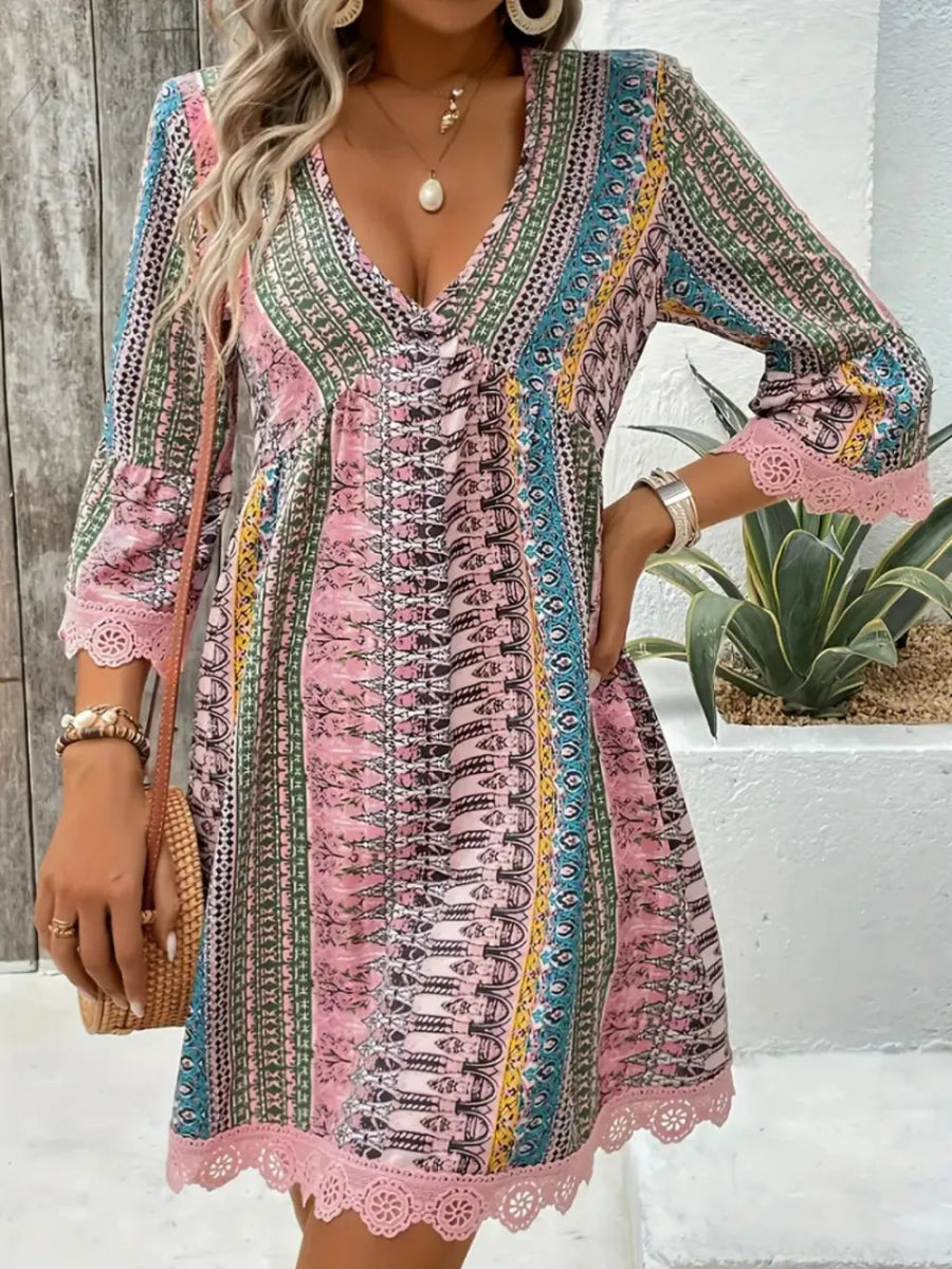 Lace Trim Printed V - Neck 3/4 Sleeve Dress - Easy Pickins Store