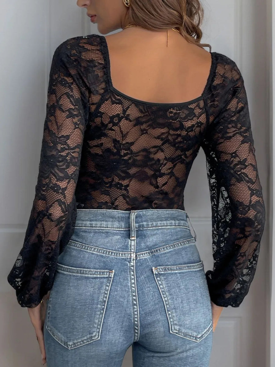 Lace V - Neck Long Sleeve Bodysuit - Easy Pickins Store