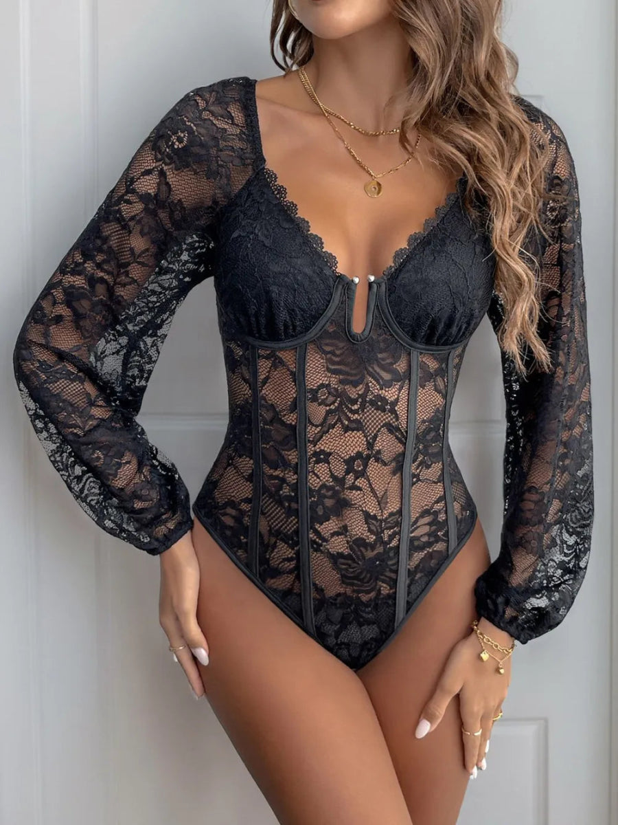 Lace V - Neck Long Sleeve Bodysuit - Easy Pickins Store