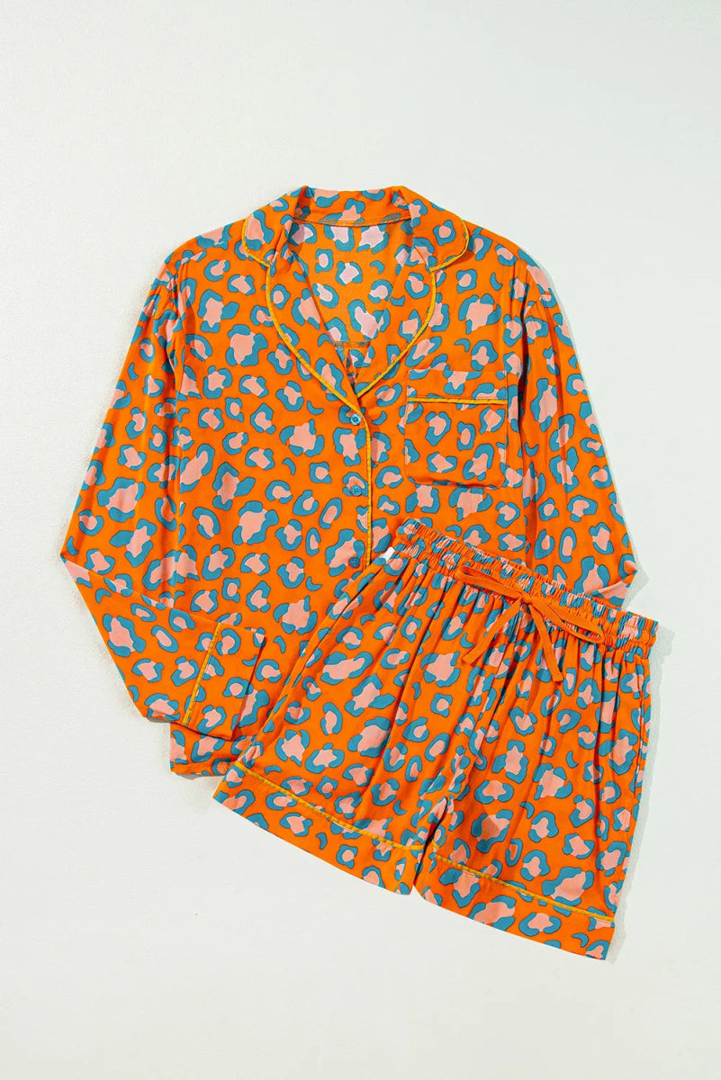 Leopard Collared Neck Long Sleeve Top and Shorts Lounge Set - Easy Pickins Store