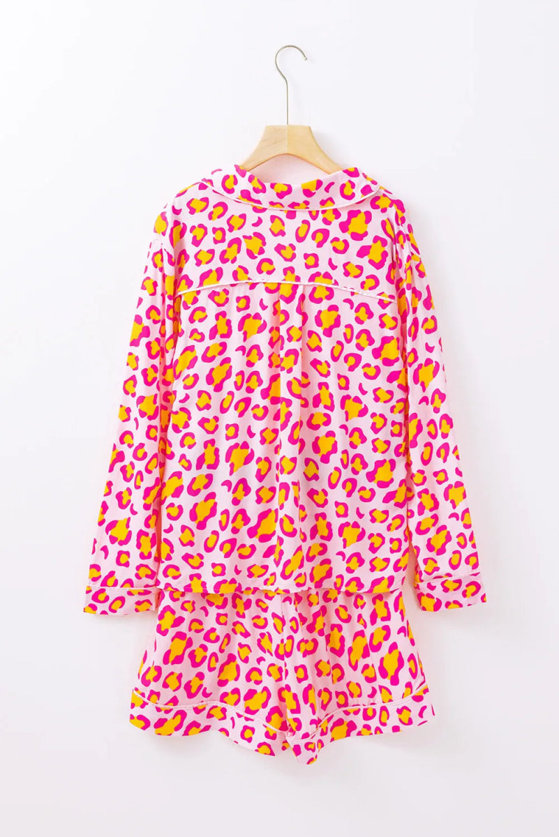 Leopard Collared Neck Long Sleeve Top and Shorts Lounge Set - Easy Pickins Store
