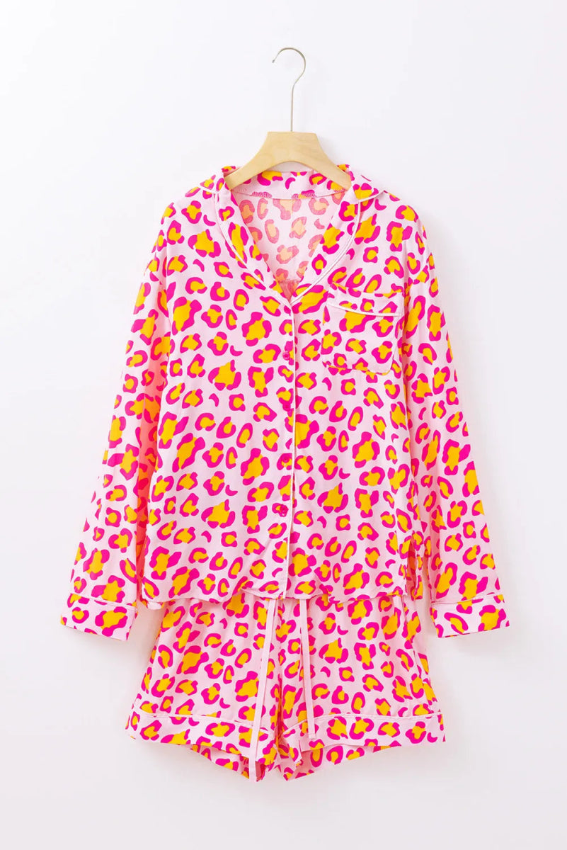 Leopard Collared Neck Long Sleeve Top and Shorts Lounge Set - Easy Pickins Store