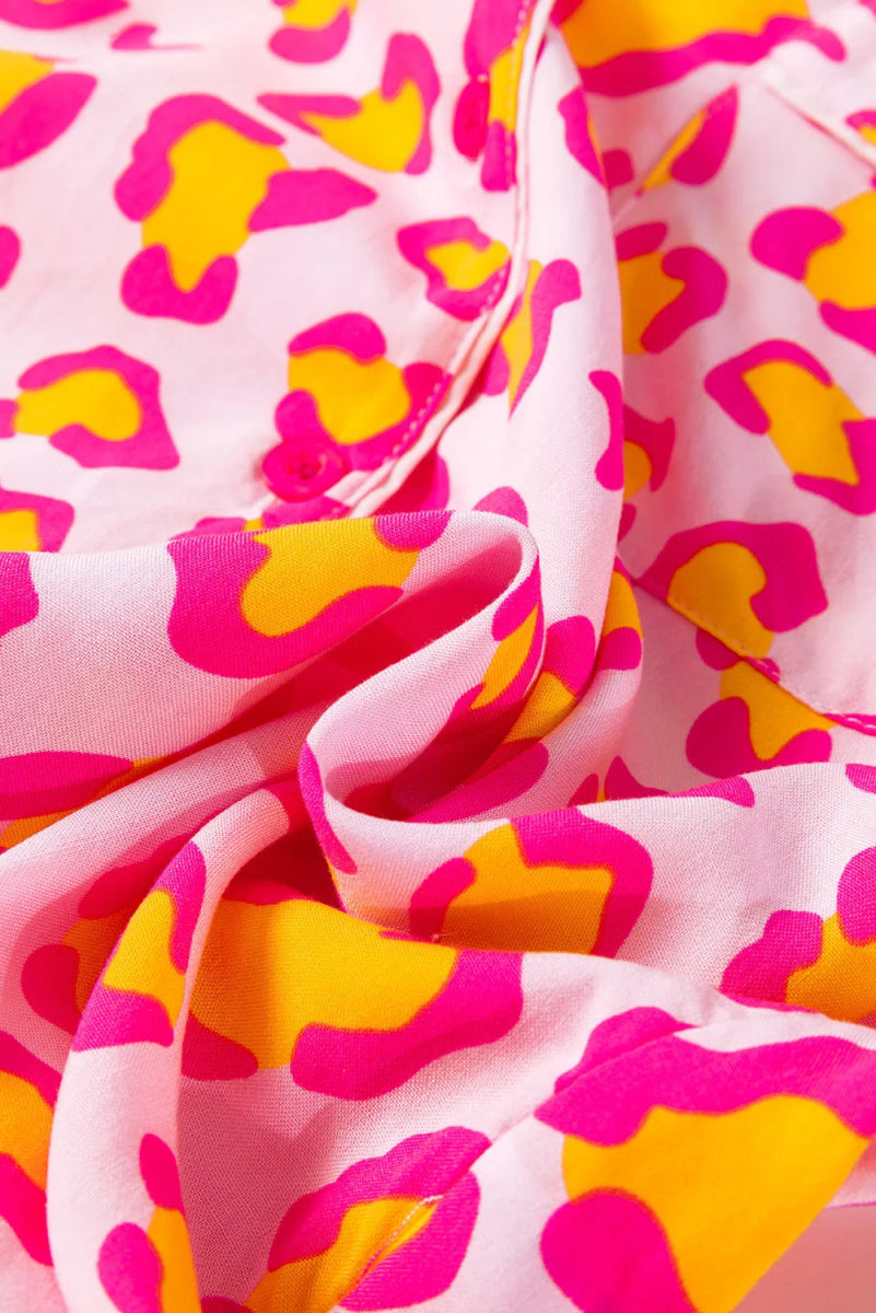 Leopard Collared Neck Long Sleeve Top and Shorts Lounge Set - Easy Pickins Store