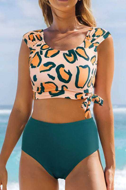 Leopard Print U Neck Knotted High Waist Bikini Set - Easy Pickins Store
