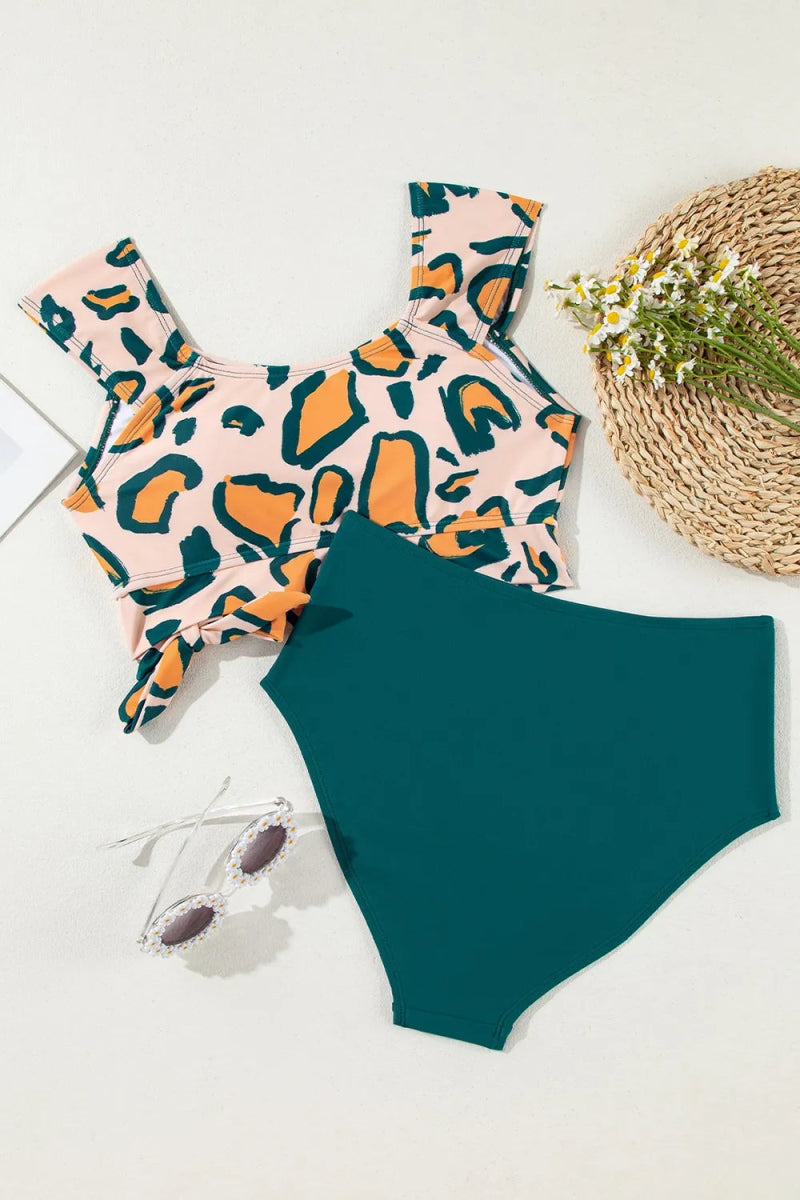 Leopard Print U Neck Knotted High Waist Bikini Set - Easy Pickins Store