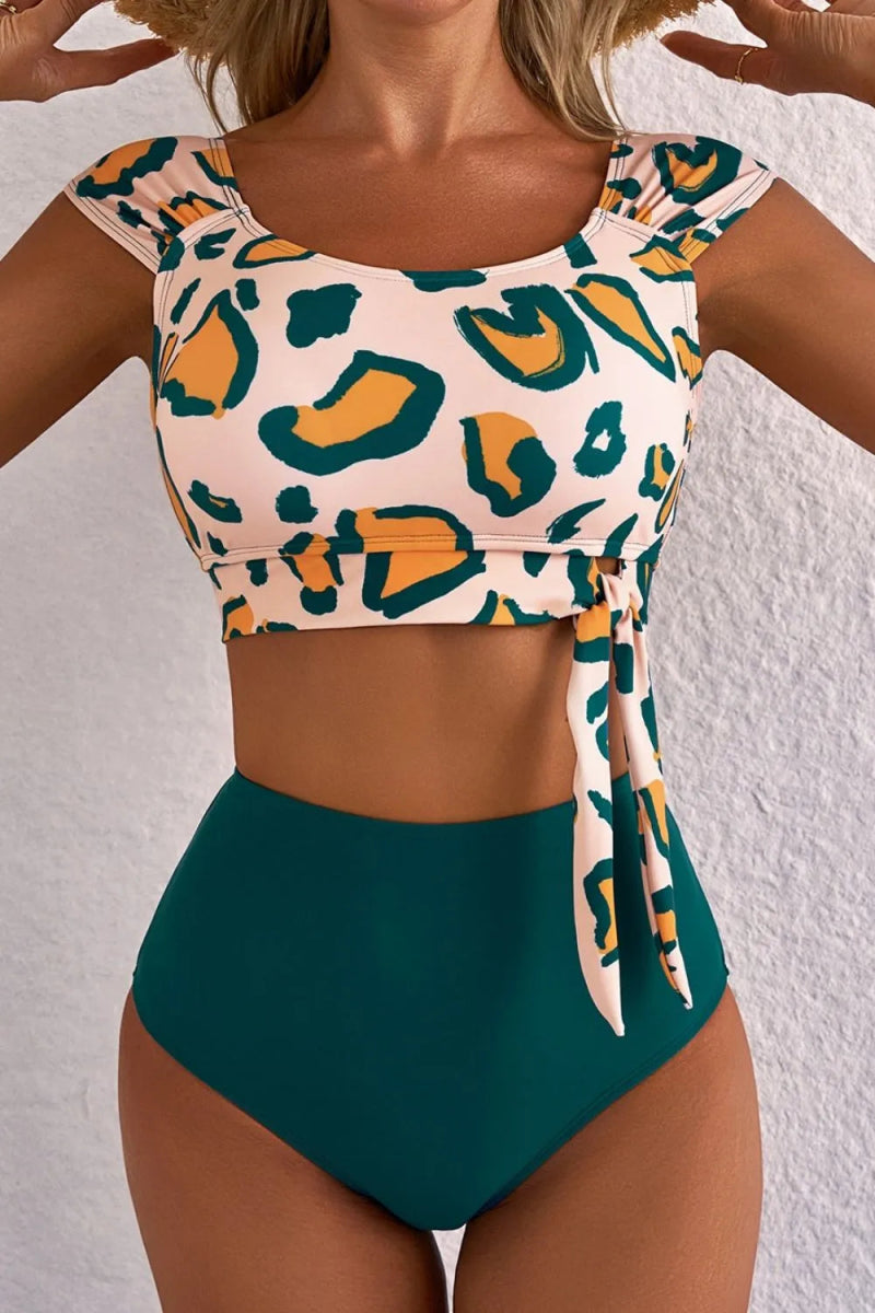 Leopard Print U Neck Knotted High Waist Bikini Set - Easy Pickins Store